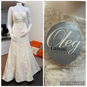 ❣️🆕Oleg Cassini CT 282 Ivory Strapless Brocade Empire Waist Wedding Gown❣️